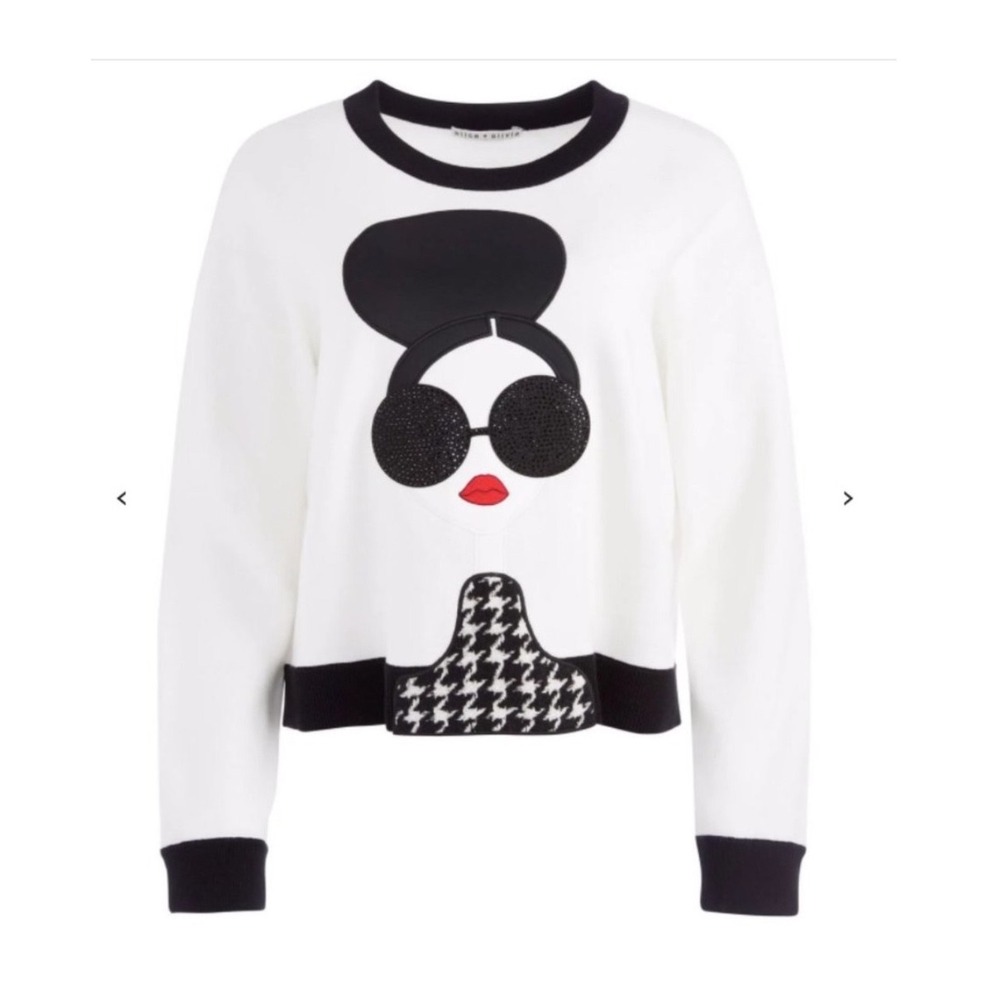 Alice + Olivia Gleeson Stace Face Wool Blend Beaded Sweater White Black M